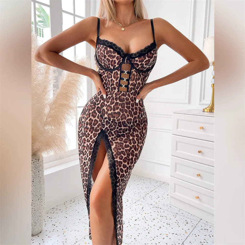 Krasapt مثير الدانتيل ليوبارد الطباعة فستان النوم 2 قطعة مجموعات يتوهم شبكة الجوف خارج شير الجانب الشق فساتين وسيور المثيرة مجموعة
