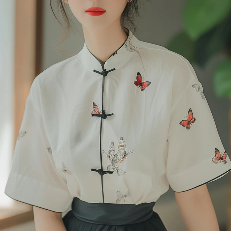 Chiffon Chinese Style Women\'s Shirt Summer Prints Vintage Blouses Loose Short Sleeve Women Tops Fashion Clothing