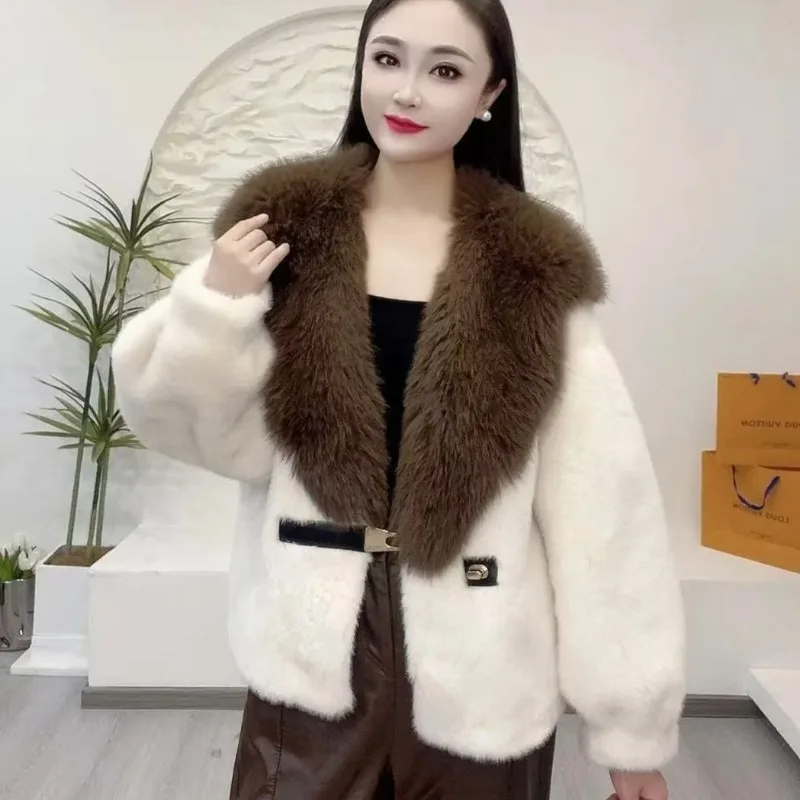Luxury High Quality Fur Collar Faux Fur Coat Women's Autumn Winter Fur Jacket Warm Lapel Collar Fluffy Soft Jacket Loose Top