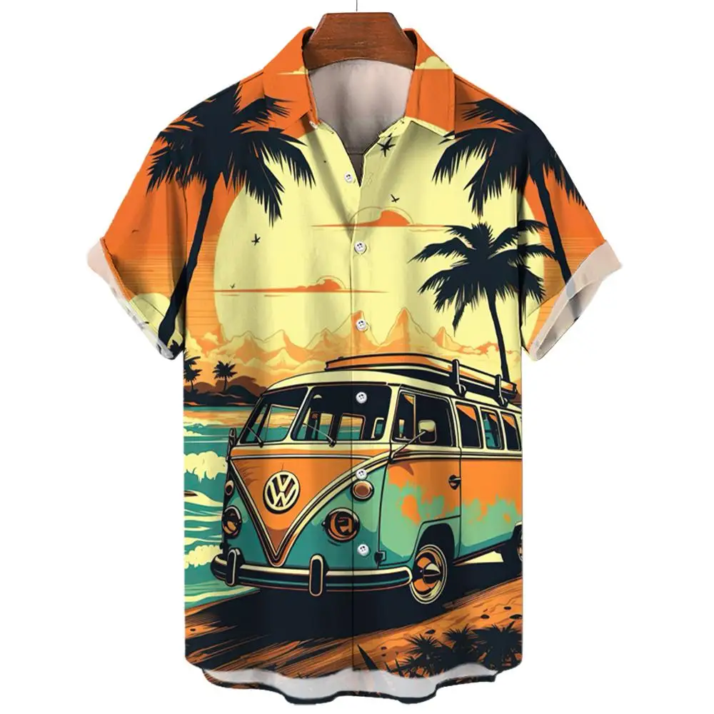 Vintage Men\'s Shirt For Men Short Sleeve Tops Beach and cars 3d Print Shirt Summer Sweatshirt Tees Designer Men\'s Clothing