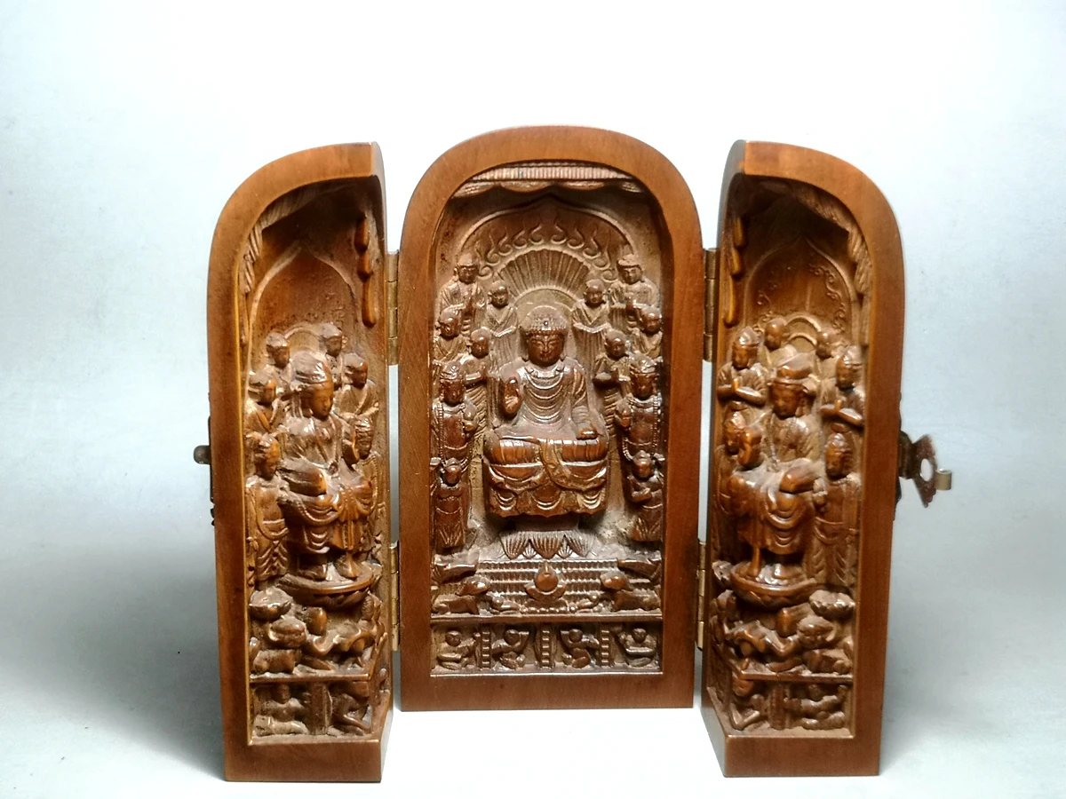 1919 Antique art Size 4 Inch Old Chinese Boxwood Hand carved 3 Buddha Avalokitesvara Statue Decoration