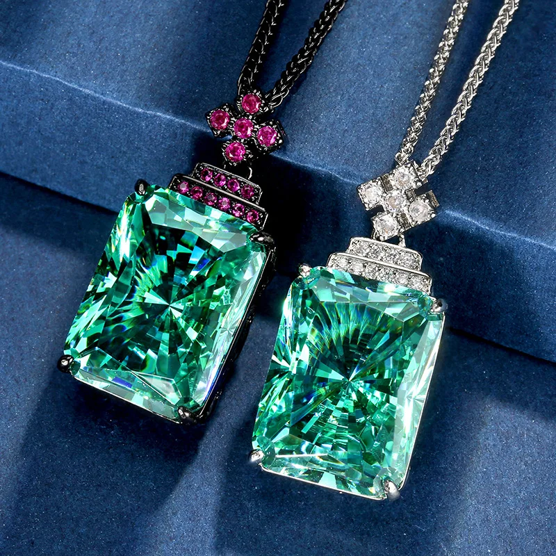 

Vintage Paraiba Like Teal Green Stone Pendant Necklace Emerald Cut Rectangle Cubic Zirconia Statement Jewelry with Cross Accent