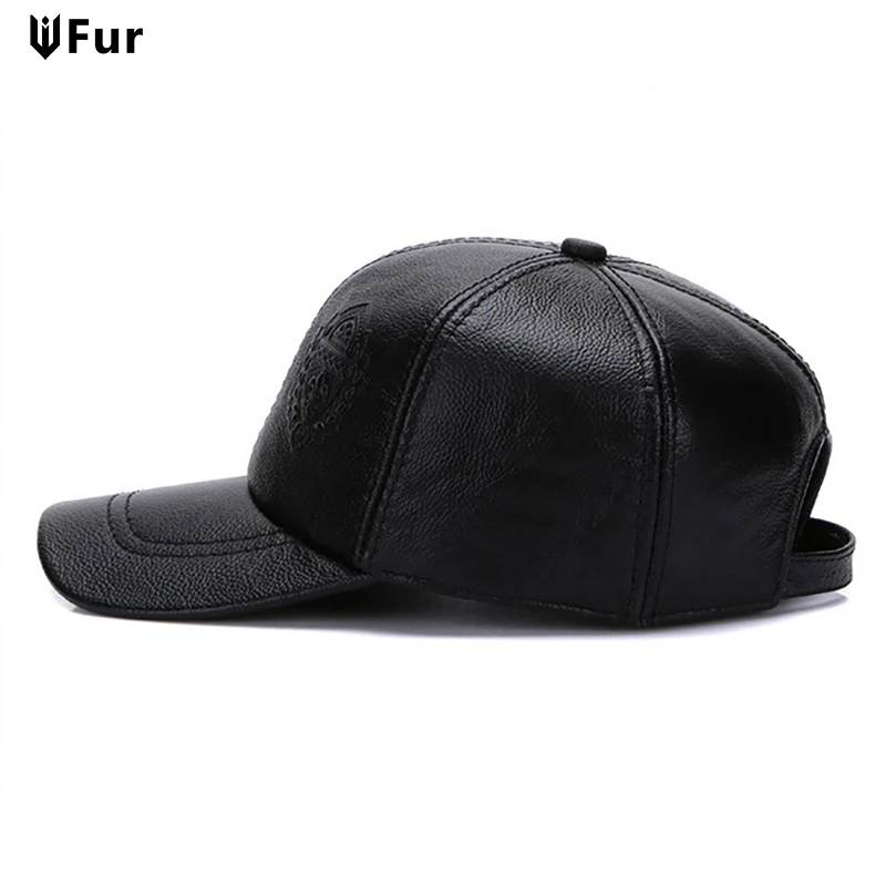 Male Fall Winter Genuine Real Cow Leather Baseball Hats New Men Casual Real Leather Earflap Cap Men Real Cowhide Leather Caps