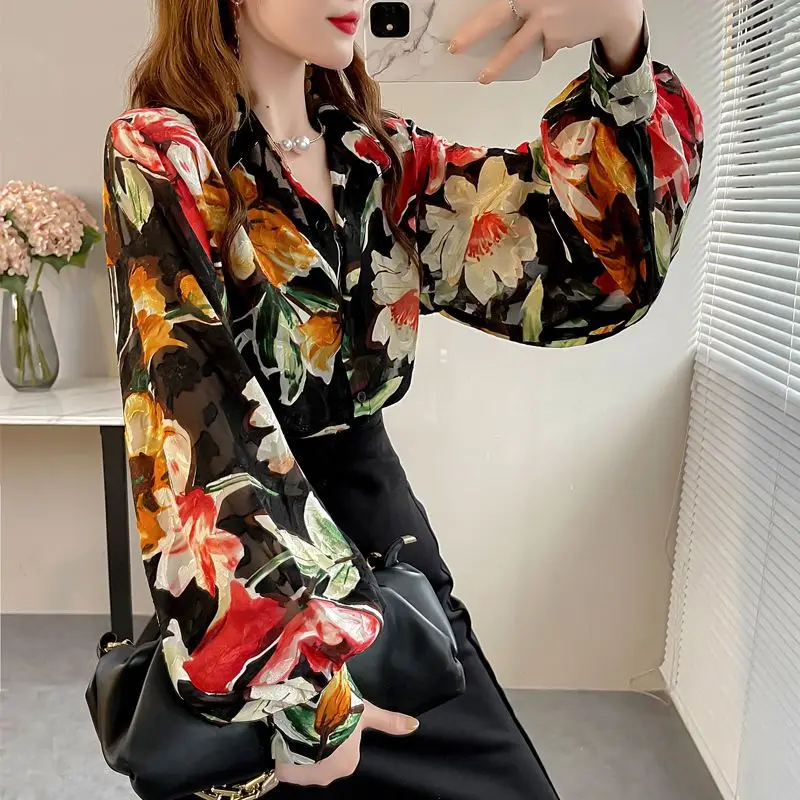 Printing Blouse Female Loose Lantern Sleeve Spring Autumn Women Clothing New Chiffon Top Tee Turn-down Collar Temperament Shirts