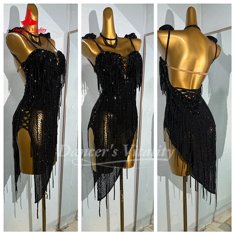 Latin Dance Quaste Kleid Senior AB Stones Performance Kostüm Maßgeschneiderte Erwachsene Kinder Tango Chacha Rumba Wettbewerb Kleider