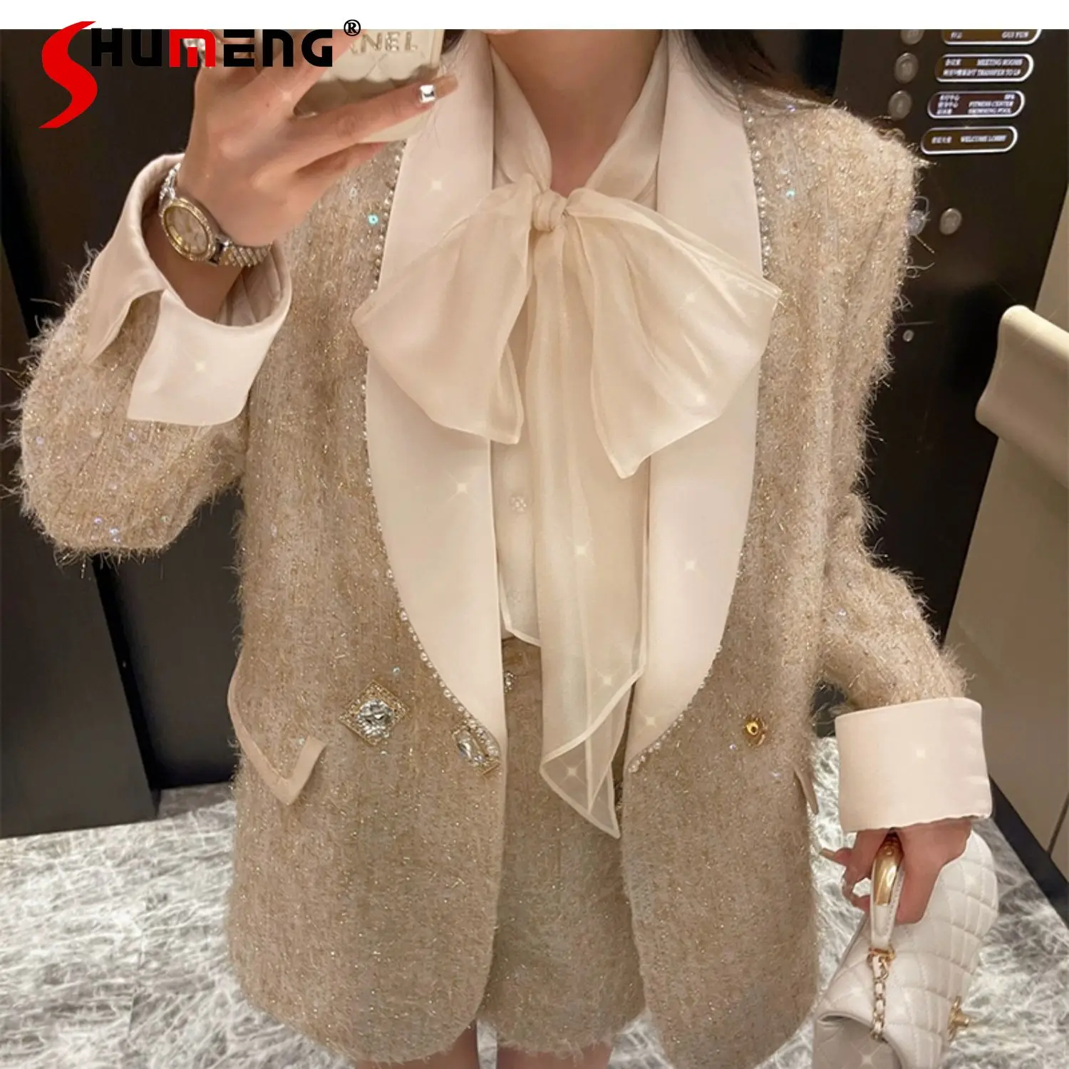 

Fashion Suit Spring Winter Feminine Elegant Socialite Cotton Thickened Gorgeous Atmosheric Women's Long Sleeve Coats Short Sets