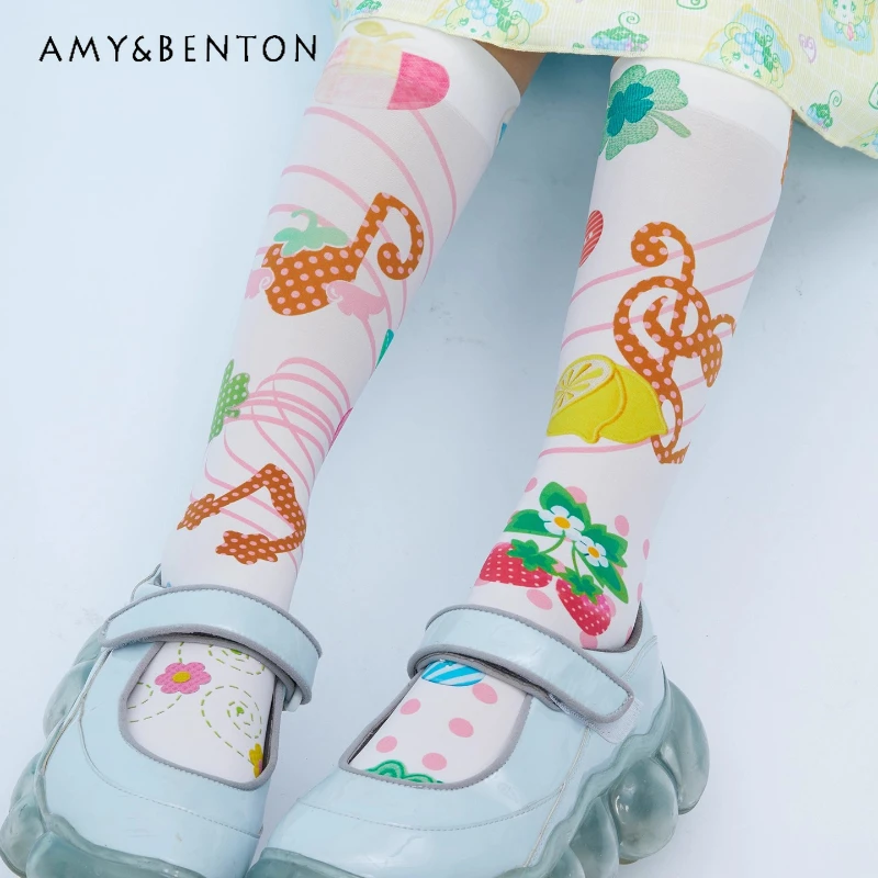 Japanese Original Design Cute Music Note Print White Women's Stockings Autumn New Sweet Cute Versatile Mid-Calf Socks Ladies