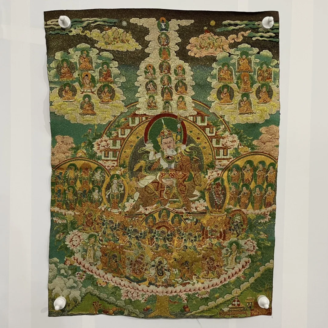 

35"Thangka Embroidery Tibetan Buddhism silk Brocade Padmasambhava Happy Buddha Thangka hanging screen Worship Hall Town house