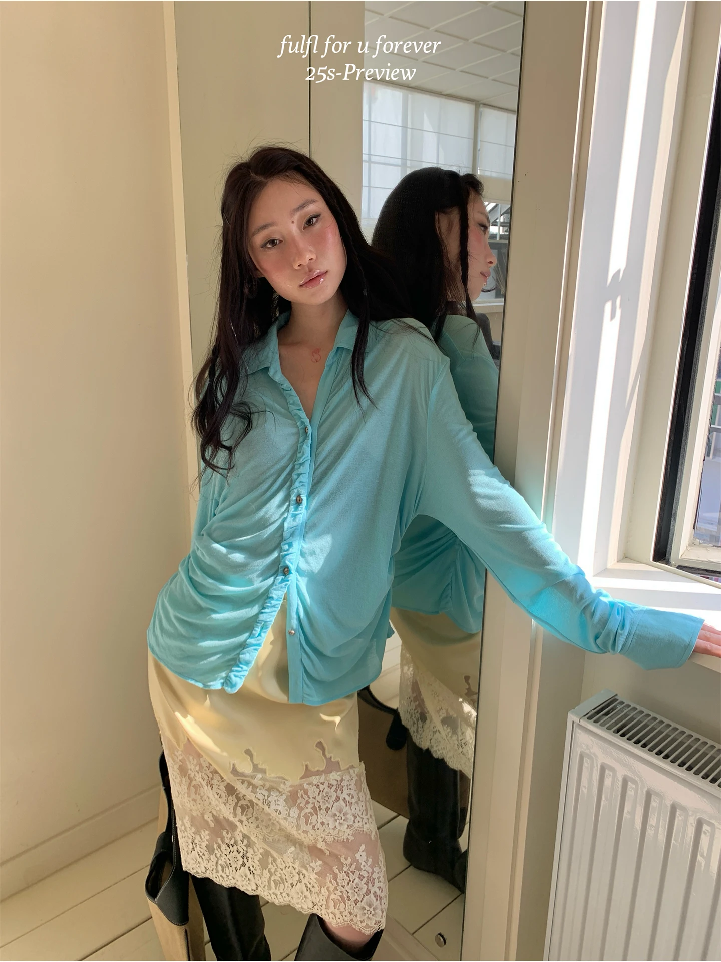 

Ele Pure Cotton Women's irt Faionable New Sle FFU Top with Pleated Collar Simple Design Loose Fit Long Sve