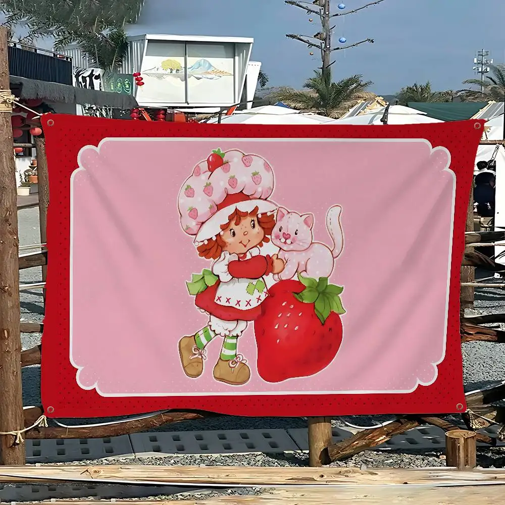 S-Strawberry Cute S-Shortcake-S Creative Pattern Hanging Flag Polyester Printed Banner Hand Pulled Flag