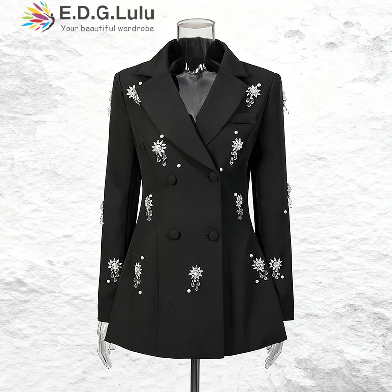 EDGLuLu 2026 New Turn-Down Collar Long Sleeved Black Suit Jacket Woman Design Double Row Buckle Nail Drill Splicing Blazer 0610