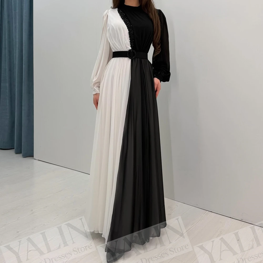 

Women's A-line Evening Dresses Ankle-length High-neck Full Sleeve Prom Gown Fashion Crystal Sashes Simple Draped Customized Gown