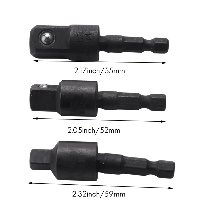 3PC Wobble Socket Adapters Universal Joint Swivel Socket Set, 1/4 Inch Hex Shank To 1/4 3/8 1/2 Square Socket Drives