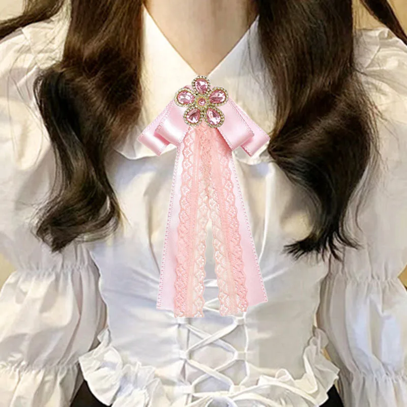 الكورية المرأة ربطة القوس فيونكة لوليتا بروش الزهور حجر الراين شريطة من الدانتيل اليدوية موضة الحلو الدعاوى قميص اكسسوارات طوق زهرة #2