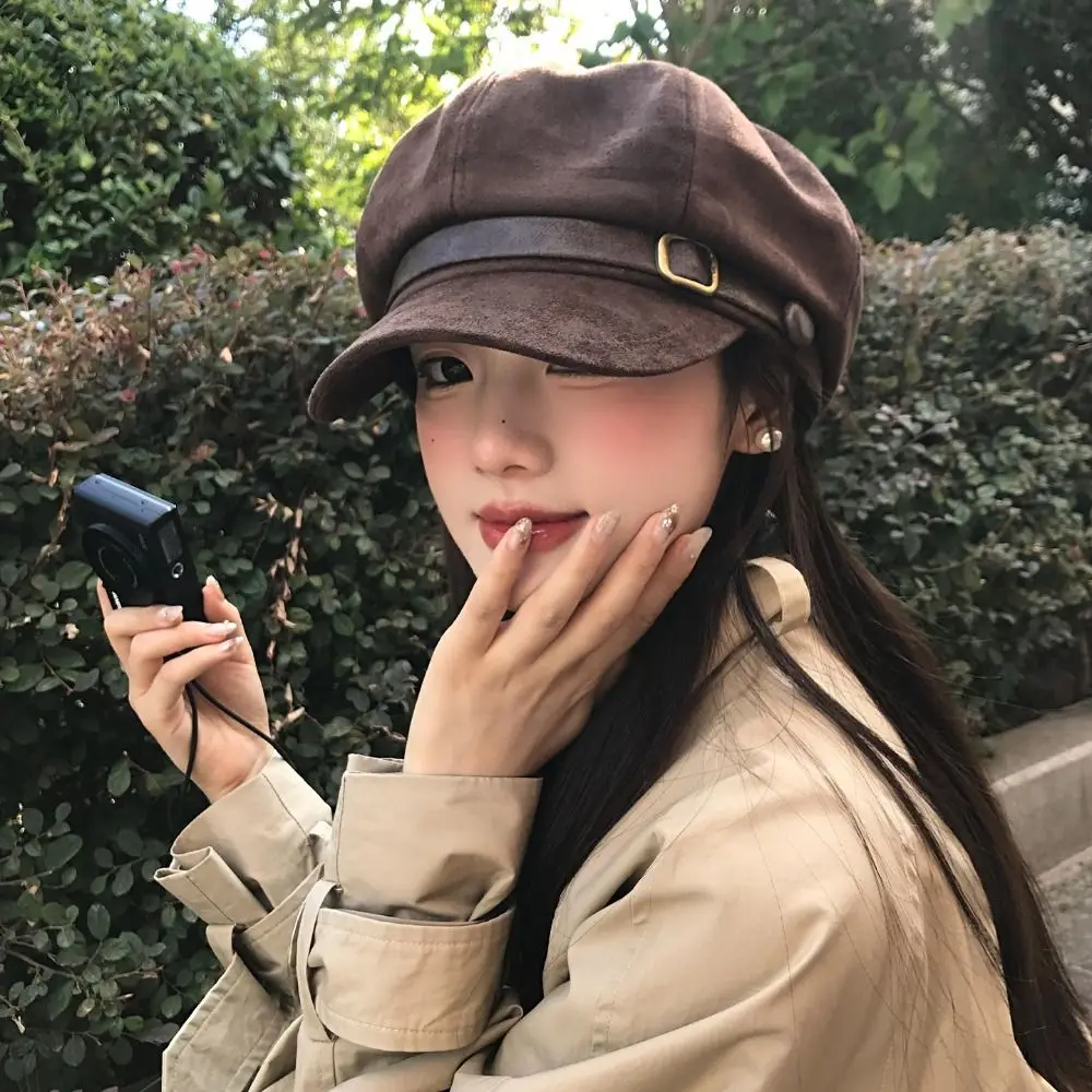 

Personality British Style Pu Leather Beret Brown Belt Buckle Suede Octagonal Hat Newsboy Cap Korean Style Painter Hat Autumn