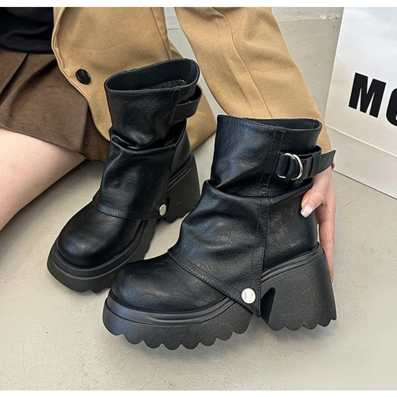 

Ботинки до щиколотки в британском стиле с круглой головкой и толстым каблуком, модные ботинки на платформе, короткие короткие ботинки с ворсом, Zapatos De Mujer