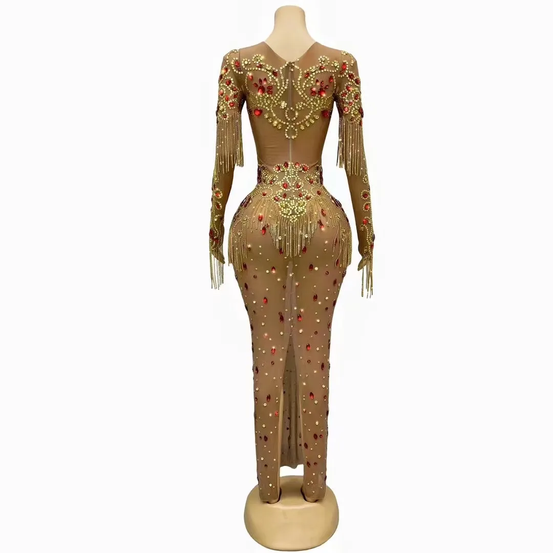 Sexy Stage Gold Red Rhinestones Crystals Chains Fringes Dress Graduation Celebrate Club Long Sleeves Singer Photoshoot Dress