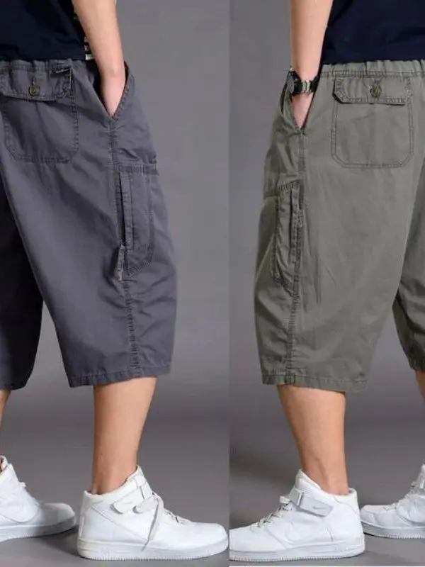 Men's Summer Loose Thin Cargo 78 Pants Sporty Short Trousers mid Waist Straight Leg Polyester Fiber Fashionable Urban Style