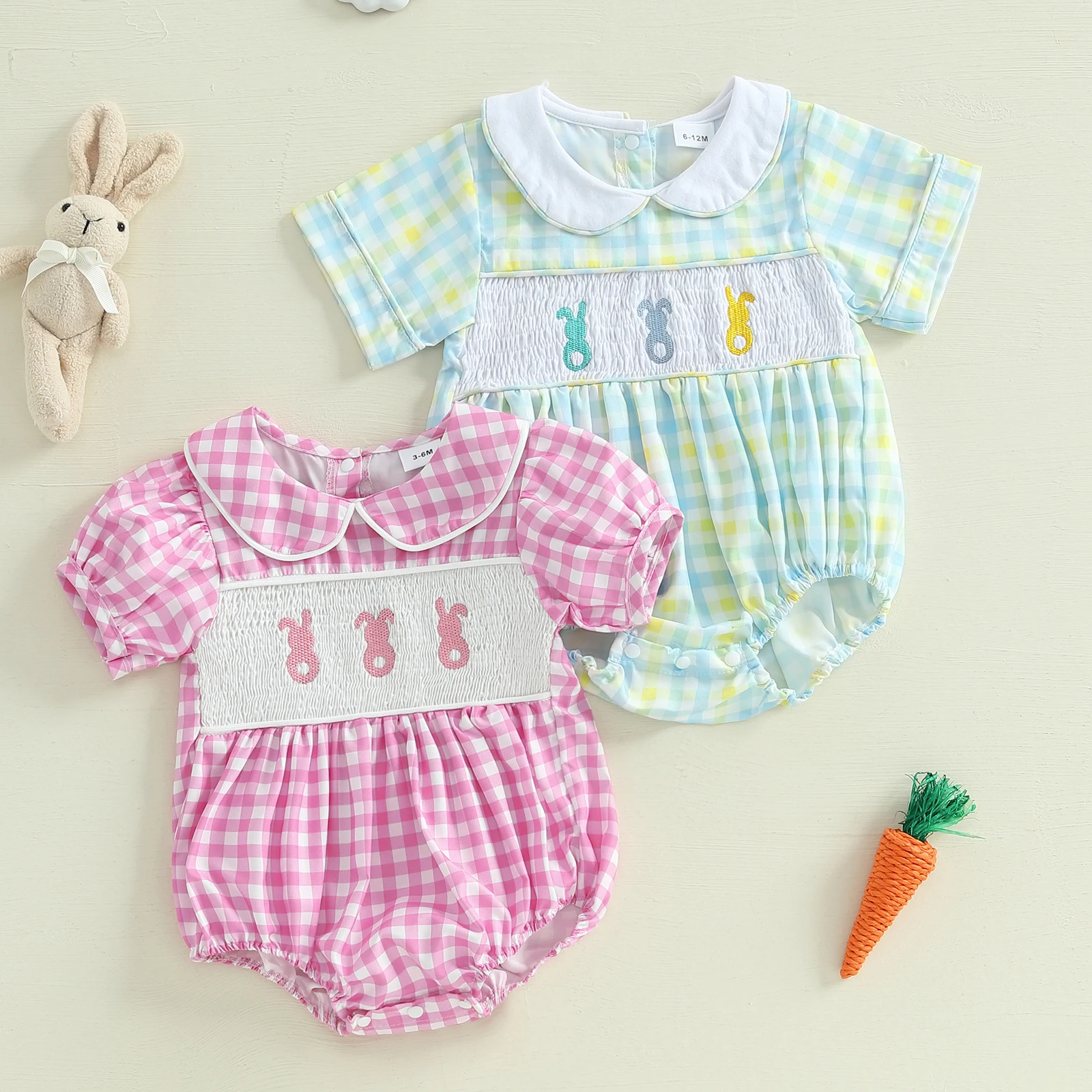 FOCUSNORM 2 Colors Lovely Baby Girls Boys Easter Romper Short Sleeve Doll Collar Bunny Embroidery Smocked Bodysuit Outfit