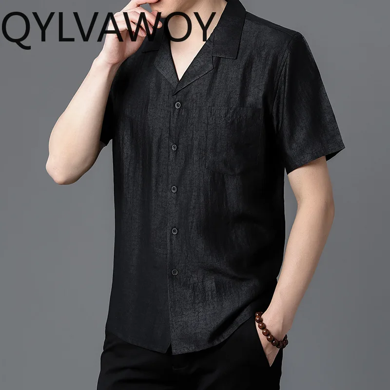 QYLVAWOY Men's Shirts Short Sleeve Tops 100% Natural Mulberry Silk Shirts Summer Shirts for Men Thin Menswear Clothing Business