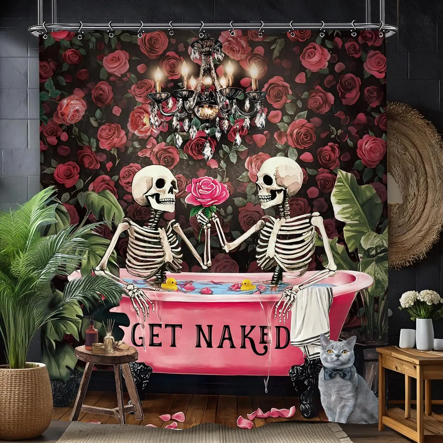 Waterproof Skeleton Skull Gothic Shower Curtain Roses Bathtub Bathroom Decor Halloween Party Supplies