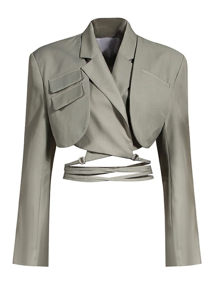 [EAM] Half-body Skirt Gray Pleated Irregular Two Pieces Suit New Lapel Long Sleeve Loose Women Fashion Spring Autumn 2023 1X728