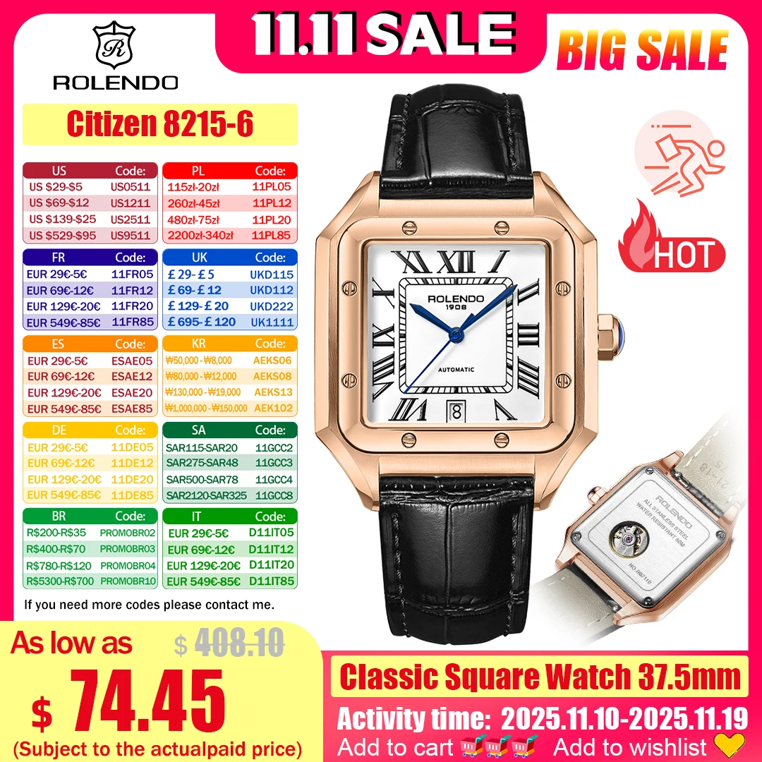 

ROLENDO Square Automatic Mechanical Watch 37.5mm Sapphire Crystal Date Display Leather Strap Men's Luxury Business Waterproof