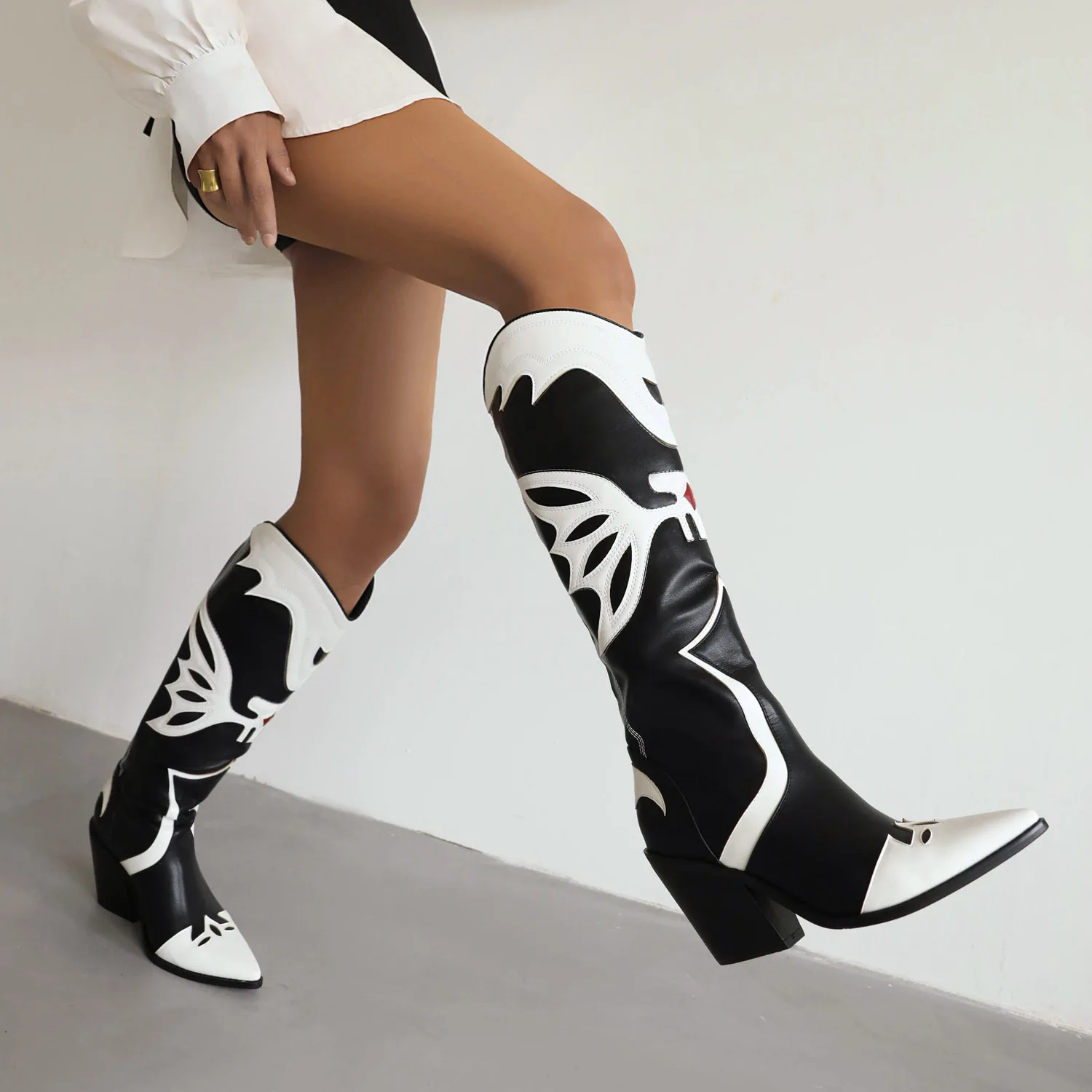 Design Leather Wedges Knee High Western Boots Women Embroidery High Heel Print Pointed Toe Boots ROME Gladiator Dress Lady Shoes image 2