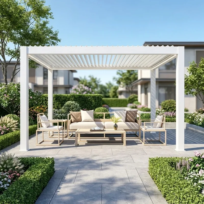 Modern White Aluminum Pergola Remote Control Adjustable Roof Backyard Balcony Outdoor Lounge Furniture Set
