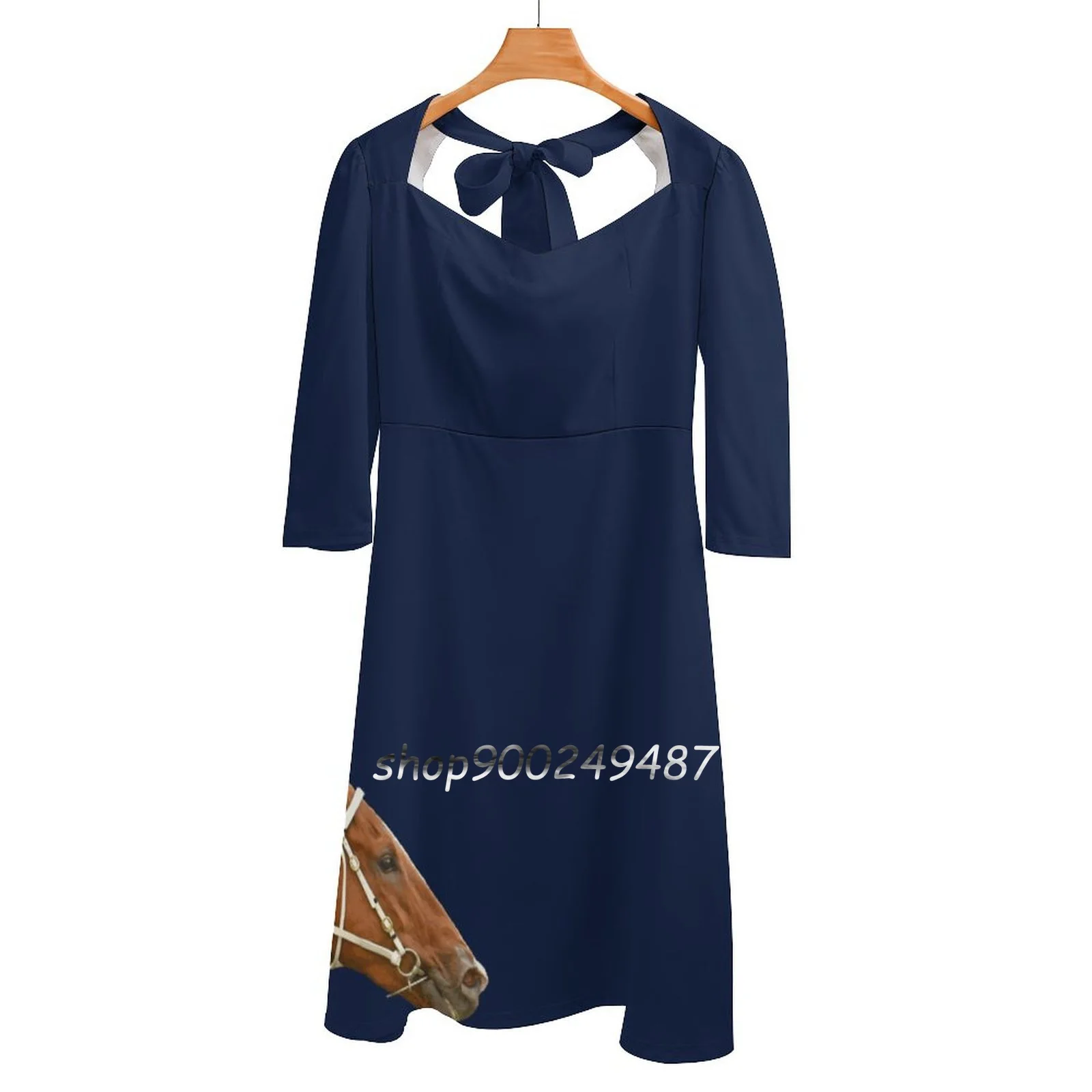 Horse Racing Action 6 Sweet Elegant Dress Women Korean Kawaii Square Collar Dress Horse Racing Action Close Up Head Race