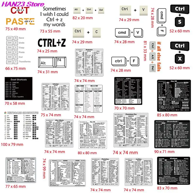 Autocollant de raccourci de Guide de clavier de référence rapide de Windows + Word/Excel (pour Windows)/Adobe Photoshop adapté pour ordinateur portable ou PC 30 pièces/ensemble