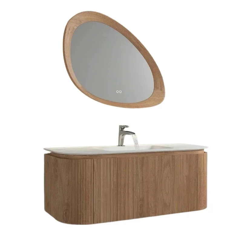 

Modern special design grooved striped plywood sintered stone counter bathroom vanity with ceramic basin