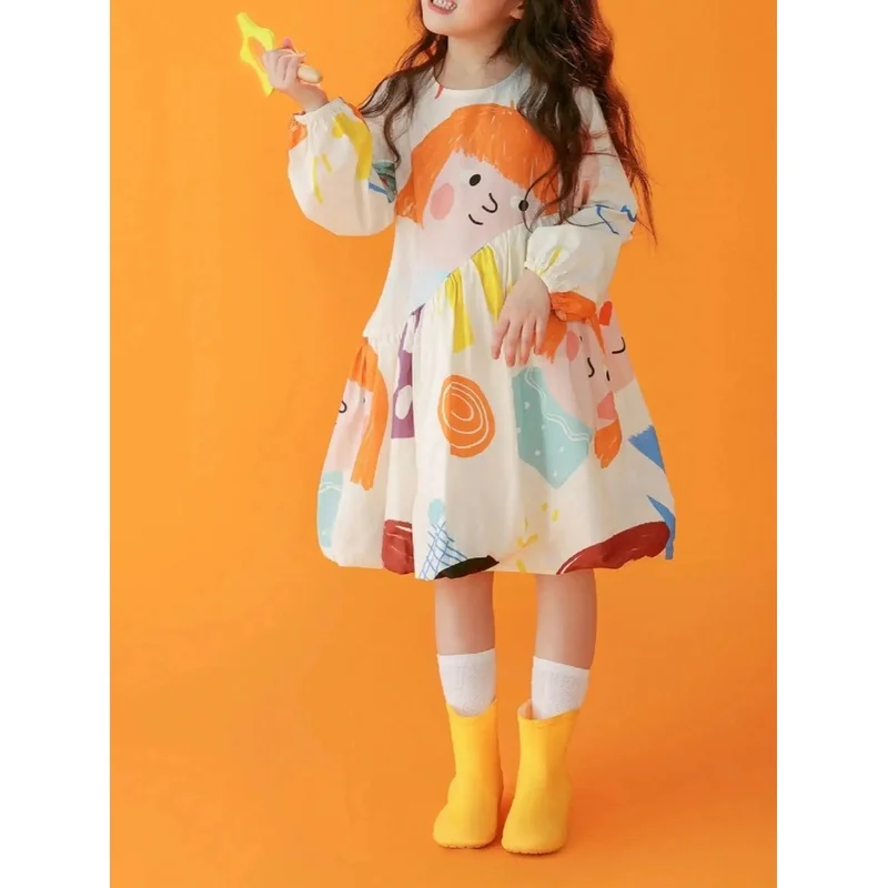 Knee-Length Loose Fit A-Line Dress Casual Game And Vacation Wear with Random Cartoon Print Long-Sleeved Women's Fashion