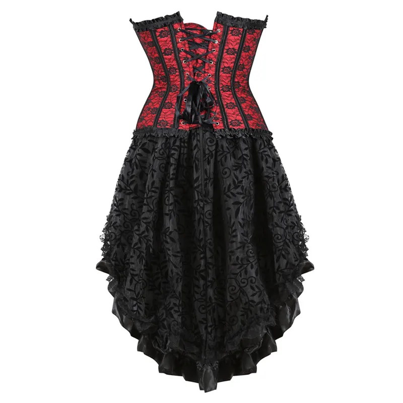 Corset Dress with Skirt High Low Set Lingerie Push up Sexy Flower Print Vintage Halloween Costumes Plus Size Red Gothic Clothes