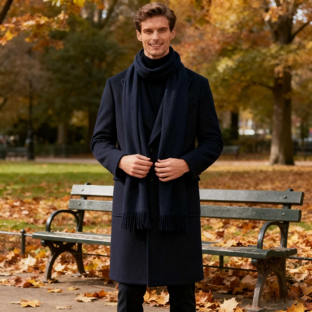 맞춤형 울 혼방 남성 롱 오버코트 원피스 더블 브레스티드 피크드 라펠 코트 겨울 야외 방한 오버코트