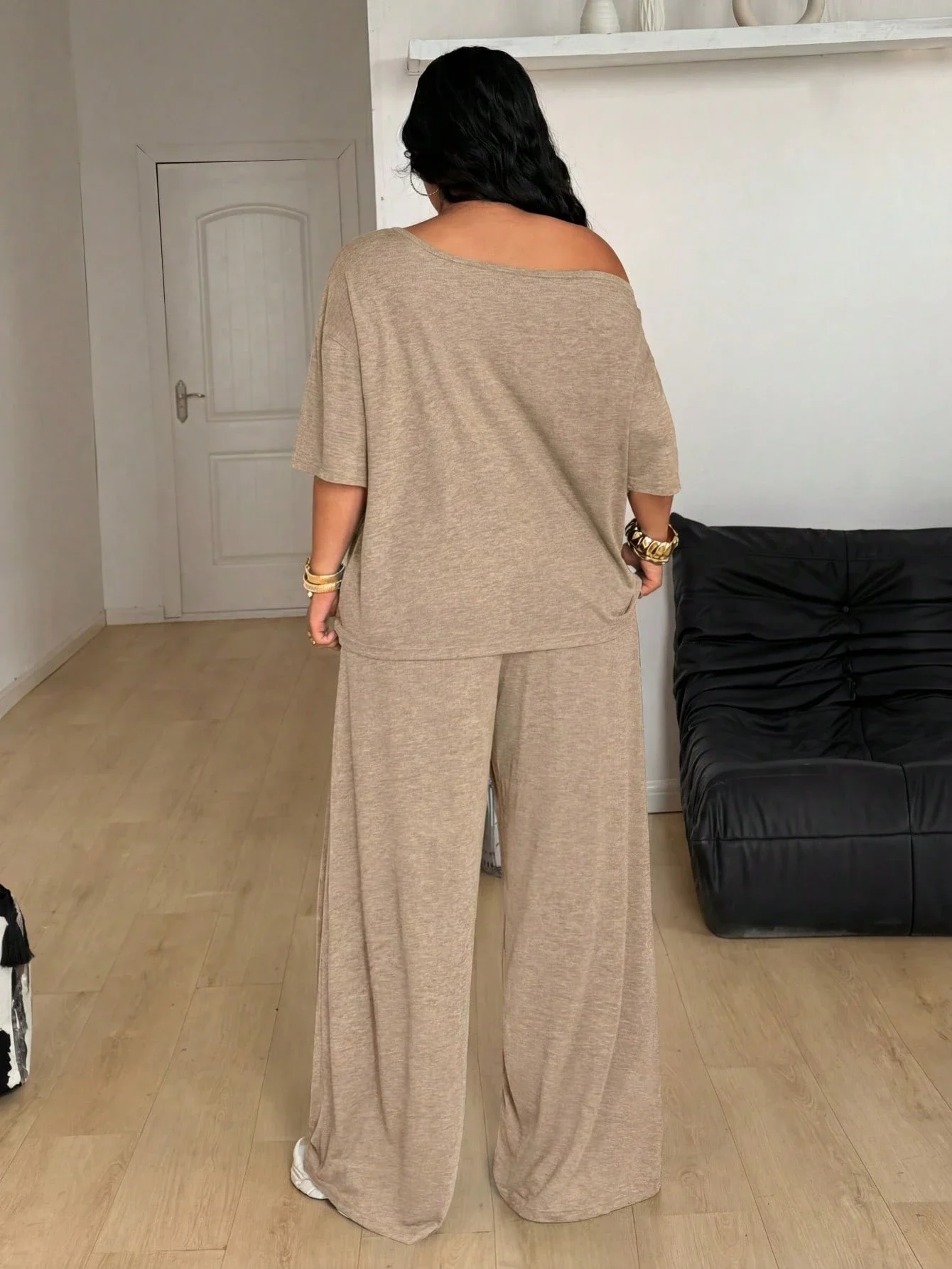 

Women's Plus Size Off Shoulder Khaki Two Piece Set Loose Wide Leg Sweatpants Streetwear Casual Summer Outfit