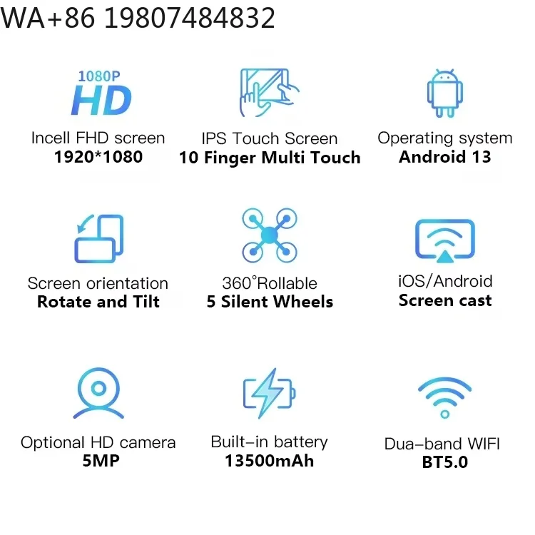 21.5/24/27/32Inch Portable Mobile Smart Android TV on Wheels, 360 Rotation Moveable Screen Led Display Rolling TV Stand