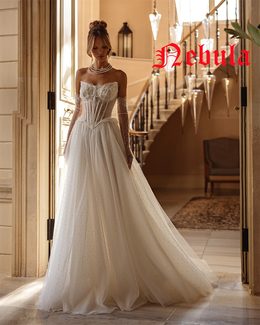 Gaun Pengantin Lengan Panjang Dapat Dilepas Tanpa Tali Elegan Kustom Gaun Pengantin Punggung Terbuka Renda Kereta Kapel Indah