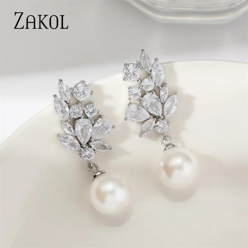 ZAKOL Fashion Round Imitation Pearl Pendant Earring for Women Shiny Crystal Zircon Flower Earrings Wedding Party Jewelry