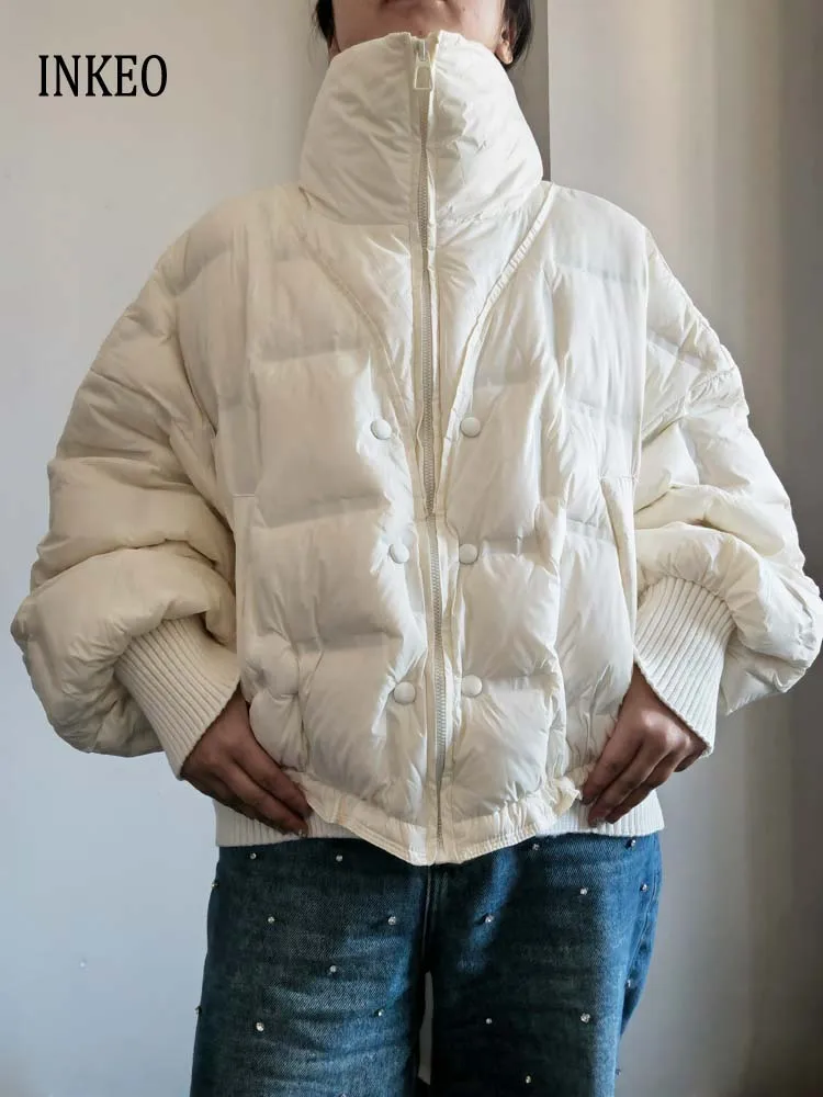 Jaqueta de gola alta oversize para mulheres inverno streetwear malha retalhos puffer casaco sólido 2025 novo quente outwear inkeo dj088