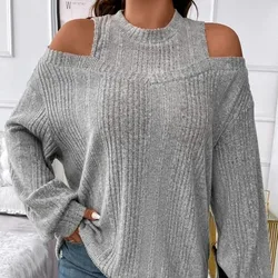 Women's Autumn Winter Solid Round Neck Off Shoulder Paisley Flared Long Sleeve Sweater Knitted T-shirt Office Lady Loose Tops