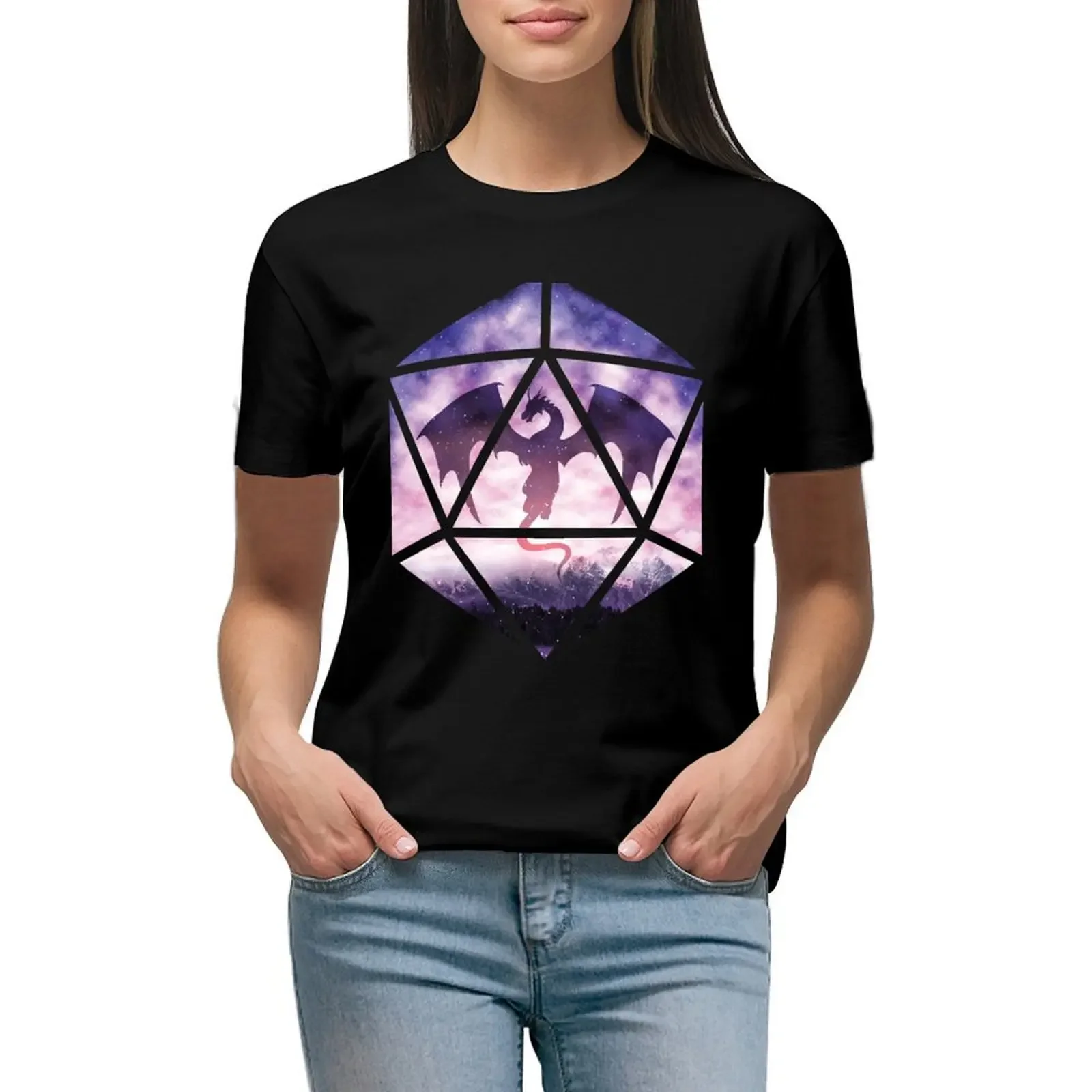 

Purple Sky Dragon D20 T-Shirt korean fashion new edition funnys t shirts for Women loose fit