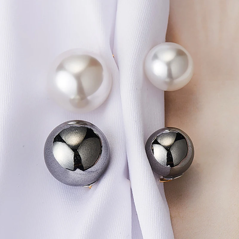 Women Fashion Tightening Waistband Pin Double Pearl Brooches Metal Lapel Pin Brooch Pins Sweater Shirt Cardigan Brooch