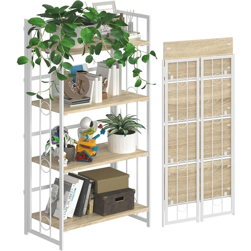 

4NM No-Assembly 4 Tiers Folding Bookshelf Storage Shelves Vintage Bookcase Standing Racks Study Organizer Home Office - Natural