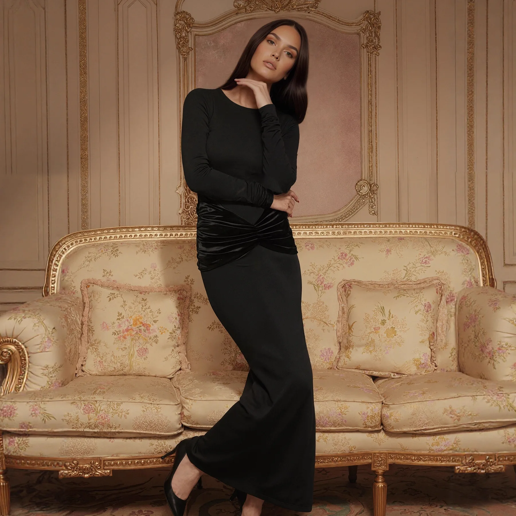 خريف شتاء نمط جديد نسيج البوليستر لون نقي الشاش المألوف الأعمال حفلة تاريخ أنيق كم طويل Bodycon فستان