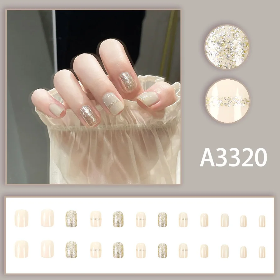 Faux ongles carrés simples à paillettes, 24 pièces, avec Design, courts, artificiels prêts, à pression, amovibles