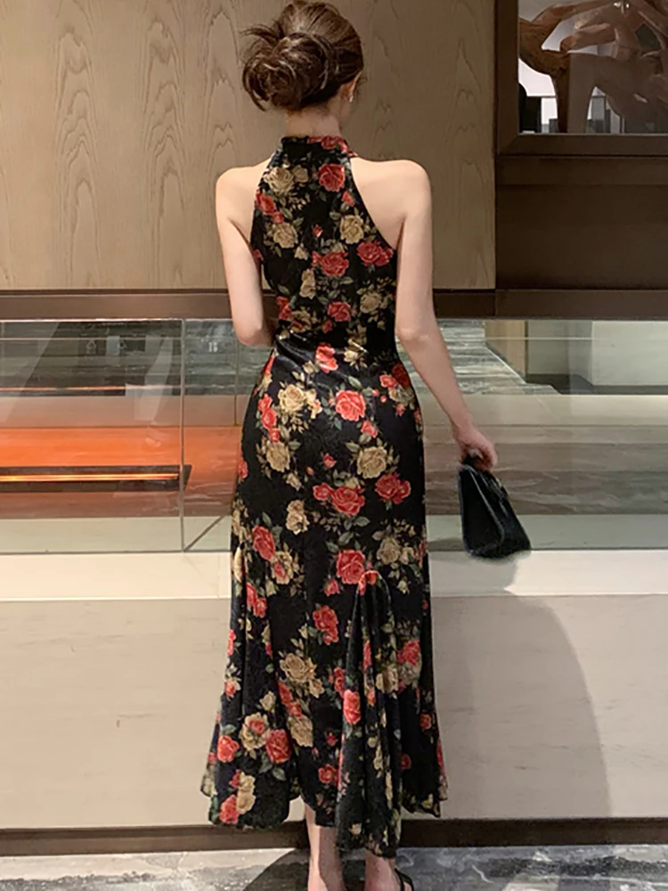 Abito lungo sexy montato al collo floreale moda donna elegante abito arricciato primavera estate 2025 abiti aderenti moda coreana