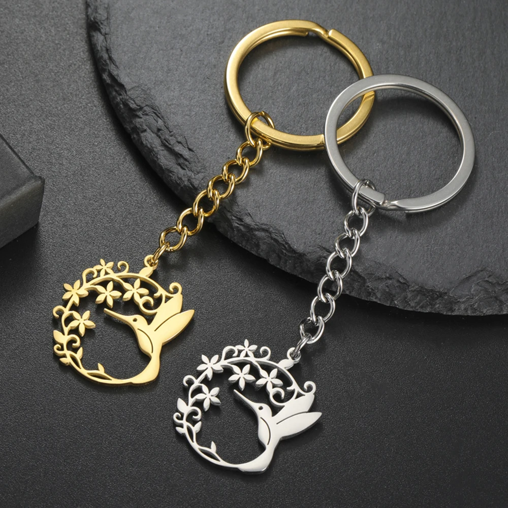 

My Shape Hummingbird Flower Filigree Keychains Stainless Steel Keyrings Animal Birds Key Ring for Car Bag Women Girls Jewelry