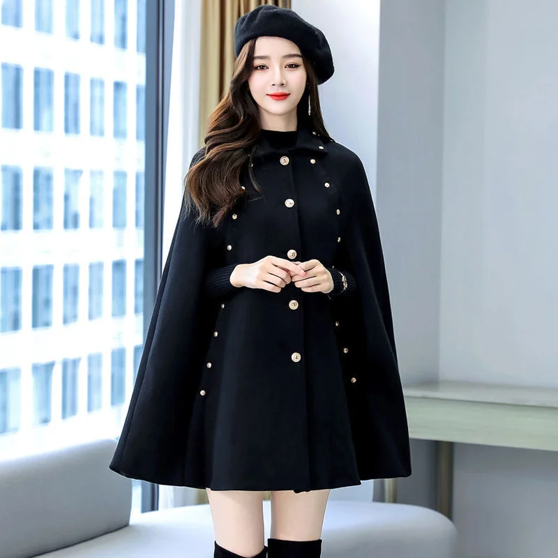 Black Cloak Coat Women\'s Autumn Winter 2024 New Medium Length Loose Woolen Shawl Hepburn Thickened Woolen Coat