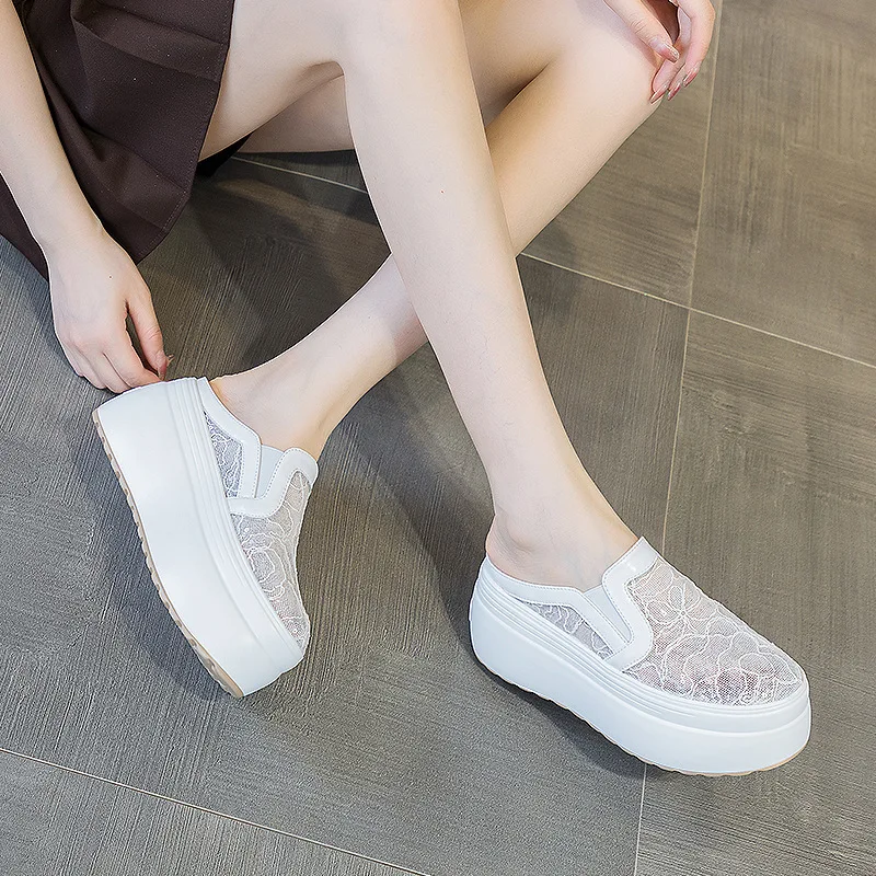 8cm Heelless Half Slippers Female Baotou Summer New Lace Glitter Breathable Platform Casual Shoes Fashion Trend